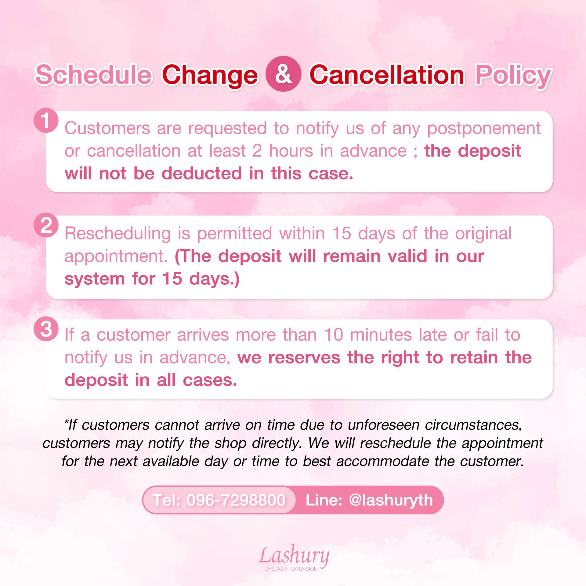 Schedule Change & Cancellation Policy for Lashury Service (ข้อกำหนดและขั้นตอนการจองบริการต่อขนตาร้าน Lashury)